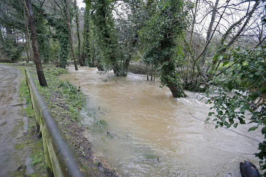 Un río Piles a punto de desbordarse, aguas turbias, o el oleaje rompiendo con fuerza en las escaleras del Muro son algunas de las imágenes que deja la pleamar esta tarde en Gijón