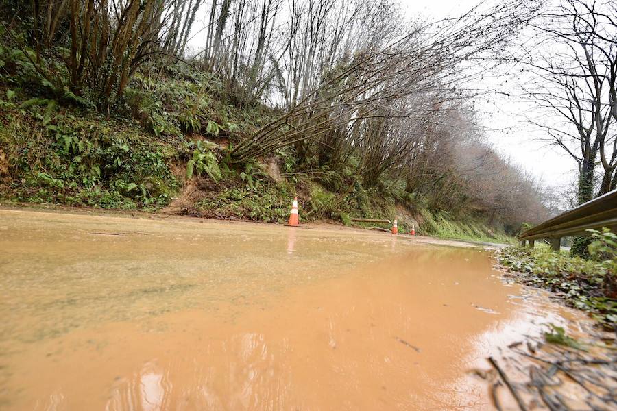 El río Trubia está desbordado en varios puntos, las alcantarillas anegadas y los portales de planta baja del grupo Coronel Baeza cubiertos de agua. Son algunas de las incidencias. 