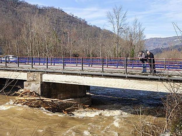 Ramas pegando contra un puente sobre el Nalón en Laviana. :: T. H. 