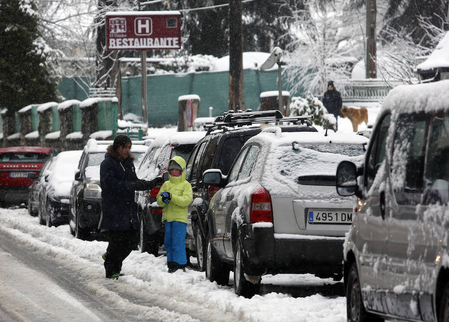 Serias dificultades para circular por las carreteras de Asturias debido a la nieve y lluvias provocadas por el paso de la borrasca 'Helena' 