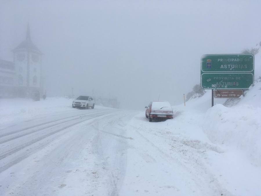 Las intensas nevadas que está dejando la borrasca 'Helena' a su paso por Asturias está complicando mucho la circulación por carretera, en especial, en los puertos de montaña. De hecho, se ha llegado a restringir el paso de camiones por Pajares y el Huerna y varios altos se han cerrado a todo tipo de vehículos. La nieve ha llegado incluso a la capital asturiana, que ha amanecido bajo un manto blanco. 