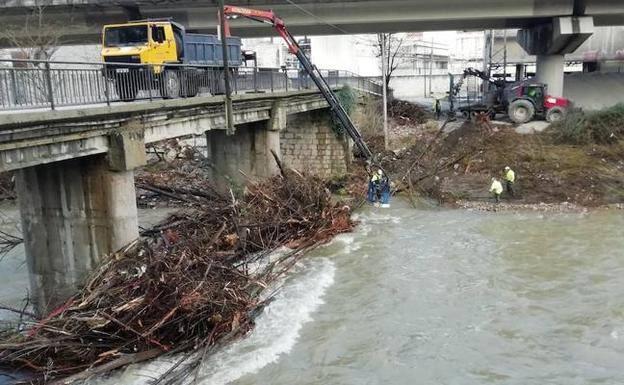 Técnicos de la Confederación Hidrográfica del Cantábrico acometen la limpieza del río Nalón a su paso por Tudela Veguín.