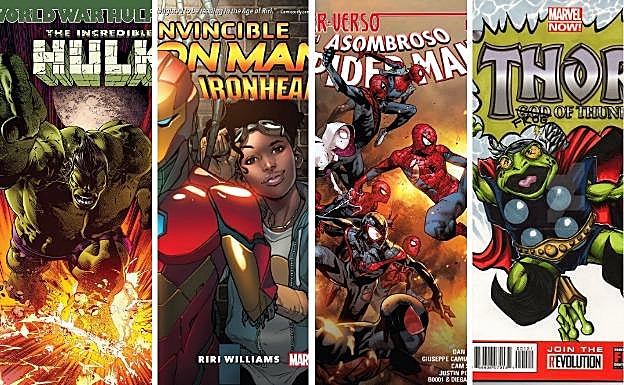 Imágenes del Hulk de Amadeus Cho, Iron Heart, el 'spiderverso' y Thor caracterizado como una rana. 