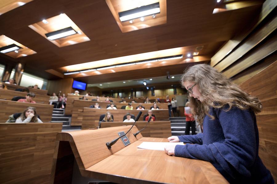 Sesenta alumnos Educación Infantil y Primaria de los colegios Lorenzo Novo Mier y Veneranda Manzano de Oviedo han participado en un Pleno en la Junta General en el que han reflexionado sobre la igualdad. La iniciativa forma parte del programa 'Abraza tus valores' de Aldeas Infantiles SOS.