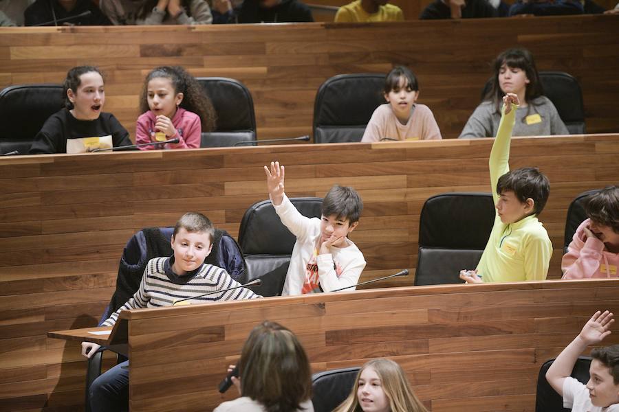 Sesenta alumnos Educación Infantil y Primaria de los colegios Lorenzo Novo Mier y Veneranda Manzano de Oviedo han participado en un Pleno en la Junta General en el que han reflexionado sobre la igualdad. La iniciativa forma parte del programa 'Abraza tus valores' de Aldeas Infantiles SOS.