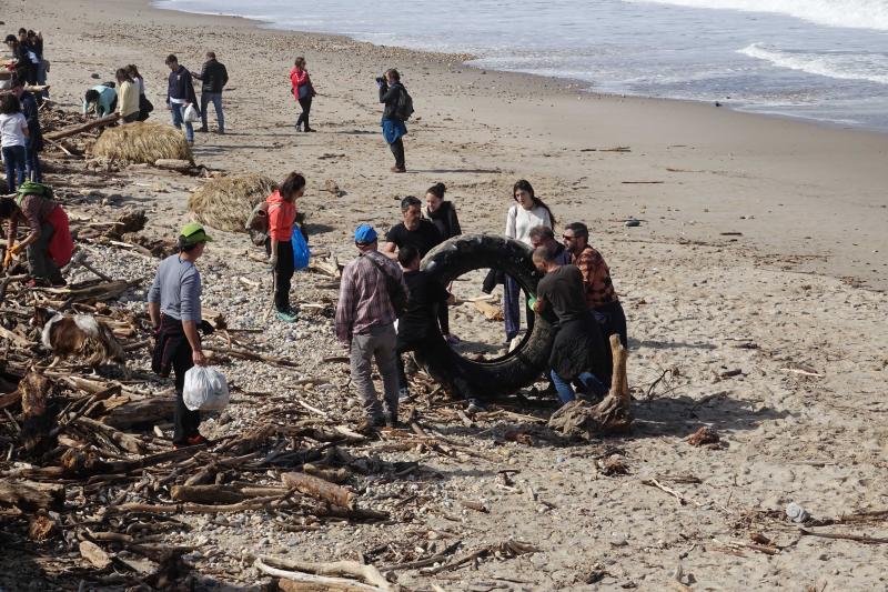 Más de 150 personas han respondido a la convocatoria de Greenpeace Asturias para limpiar de plásticos la playa riosellana de Santa Marina. Tras dos horas de trabajo lograron retirar casi dos toneladas de residuos.