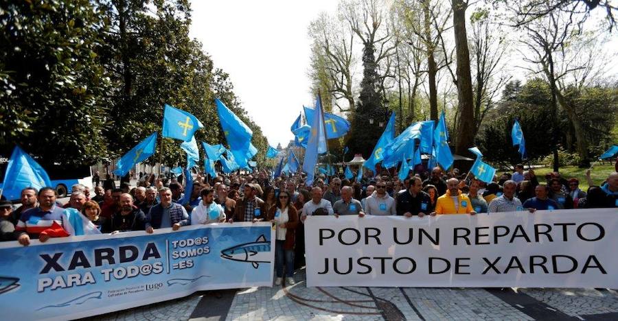 Pescadores asturianos y gallegos se han dado cita en Oviedo para exigir un «reparto justo» de las cuotas de xarda. Durante su protesta, han repartido hasta cinco toneladas de pescado entre los vecinos.