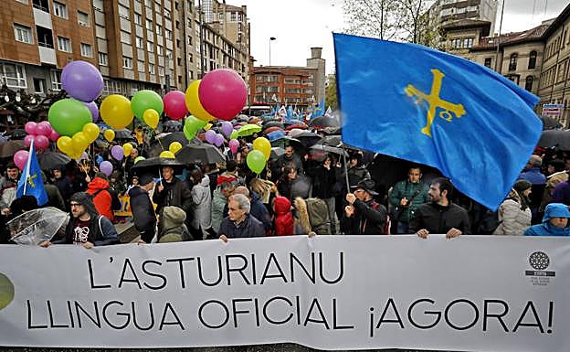 Cabecera de la manifestación por la oficialidad del asturiano que recorrió las calles de Gijón.