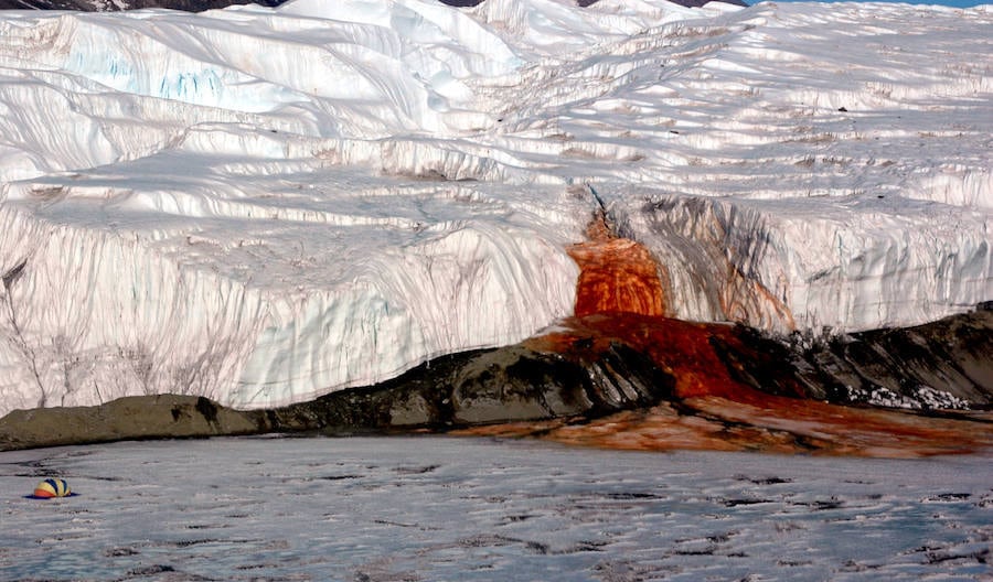 Cataratas de sangre (Antártida) | El fenómeno destaca especialmente por el contraste del rojo en el agua con el blanco polar de los glaciares y justifica más que de sobra el nombre con el que se conoce este curioso suceso. Los científicos detectaron finalmente, después de siglos de incógnita, que su origen se debe a una fuente de agua, con gran presencia de óxido de hierro, atrapada bajo el glaciar Taylor hace más de un millón de años.