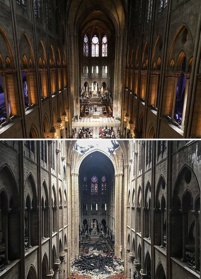 Este es el aspecto derruido y devastado del interior de la catedral Notre Dame de París tras el incendio