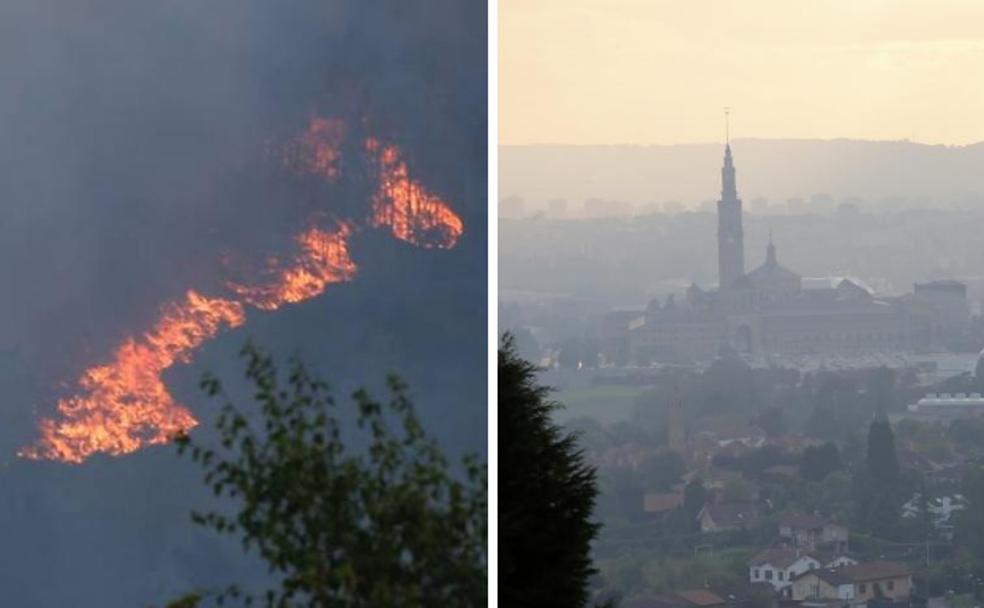 A la izquierda, las llamas avanzan en el monte en la zona de Los Llanos de Cabruñana, en Candamo. A la derecha, el humo sobre el cielo de Gijón.