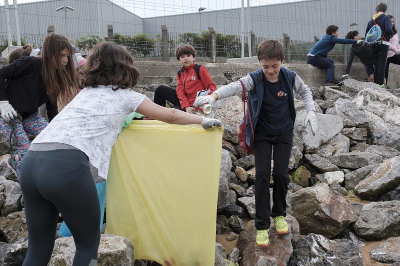 Un centenar de alumnos de quinto y sexto de Primaria del colegio Príncipe de Asturias de Gijón ha participado en el proyecto ambiental 'Aulas Libera' de Ecoembes y SEO BirdLife y han retirado varias bolsas de basura de la playa de El Arbeyal. Dentro había colillas, plásticos, incluso restos de pesticidas.