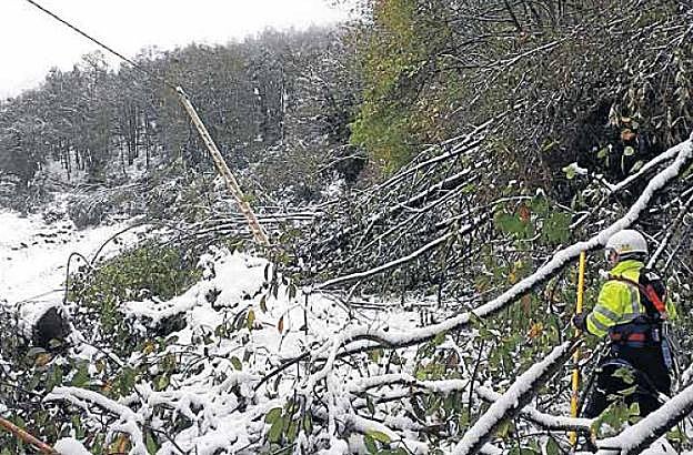 Un operario de EdP intenta llegar a un poste caído durante la nevada de octubre. 