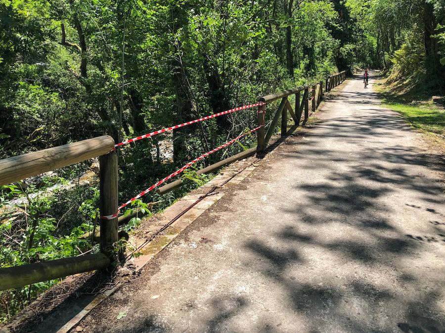 A pesar de la anuncianda «intervención de urgencia» en la Senda del Oso, tras los dos accidentes de mayo, uno de ellos mortal, la ruta aún permanece con desperfectos. Tal y como EL COMERCIO pudo comprobar este fin de semana, en el tramo de Proaza a Teverga, en menos de tres kilómetros, se pueden encontrar más de diez puntos con vallas rotas, con y sin señalización del peligro que ellos conlleva. 