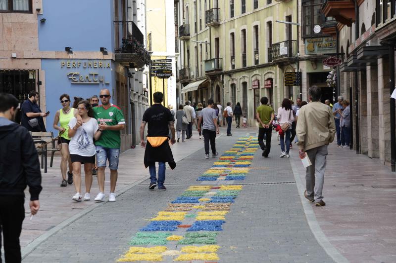 Despliegue de color y creatividad en las fiestas del Corpus de Llanes. Un año más, los vecinos han diseñado las afamadas alfombras florales sobre las que han procesionado los niños y niñas que hoy han celebrado su Primera Comunión. 