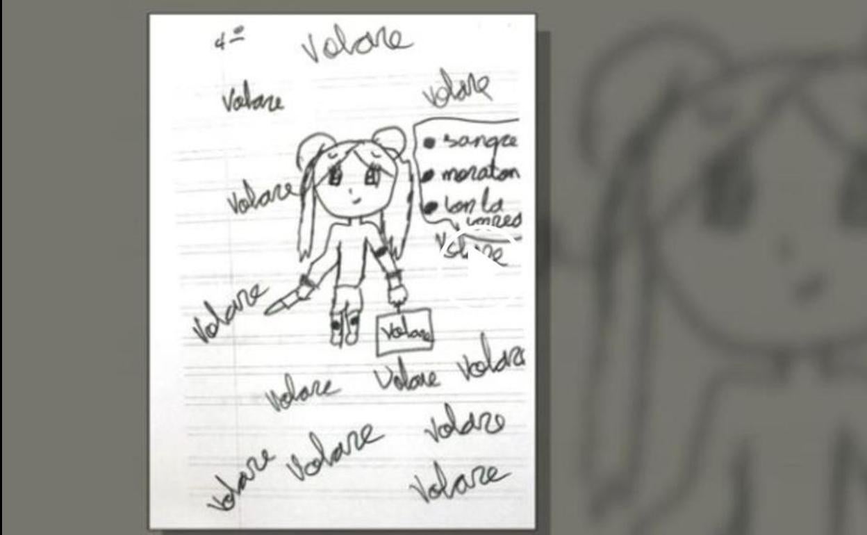 Dibujo de la niña, en donde se puede leer 'moratón' y 'sangre'.