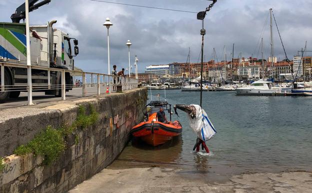 Rescate del cuerpo del delfín en el Puerto Deportivo de Gijón. 