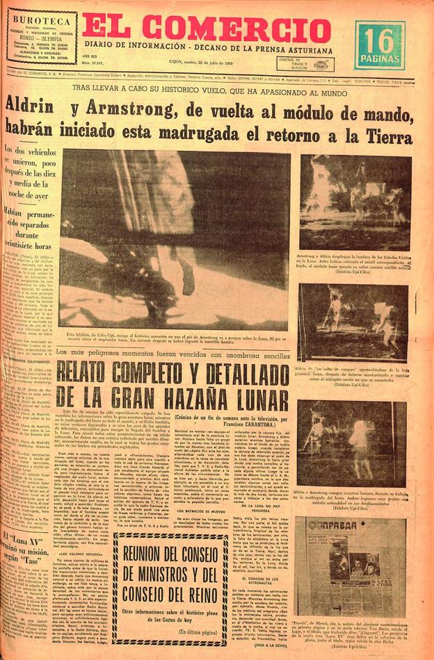 La llegada. La primera página del periódico, con varias fotos de los astronautas en la Luna