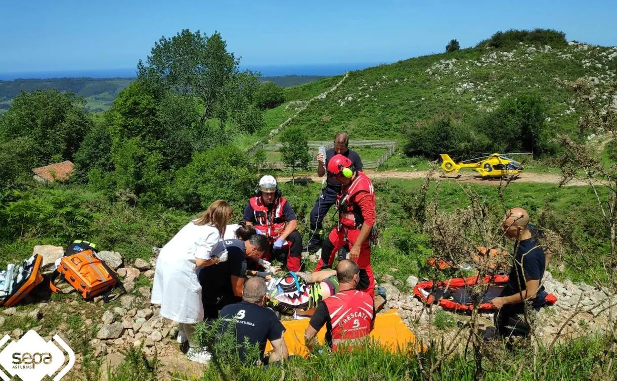 Efectivos de emergencias atienden al herido.