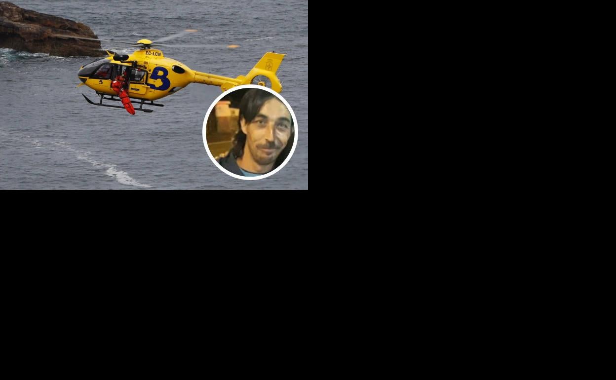 El helicóptero rescata el cadáver de Diego García. Sobre la imagen, la foto del joven 