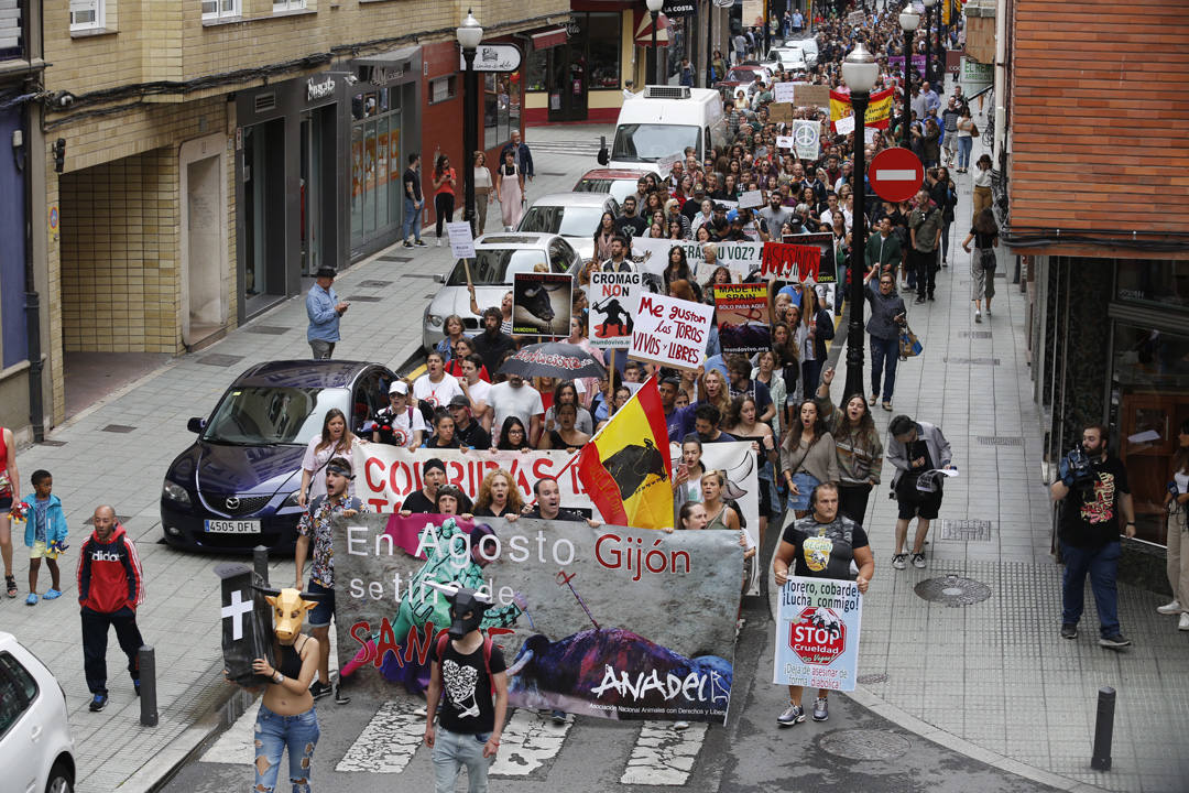 Las calles de la ciudad se llenaron de pancartas para protestar por los festejos taurinos que consideran una «tortura a los animales»