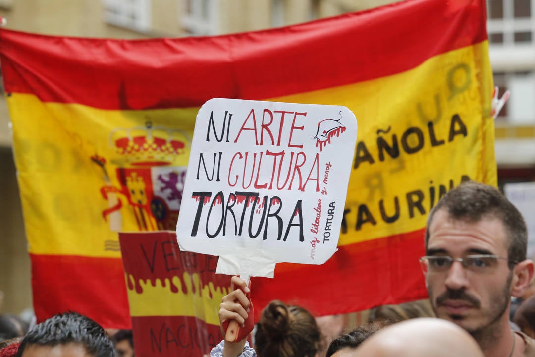 Las calles de la ciudad se llenaron de pancartas para protestar por los festejos taurinos que consideran una «tortura a los animales»