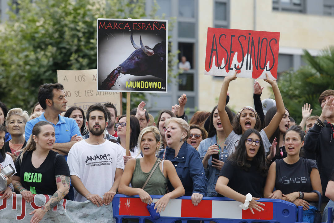 Las calles de la ciudad se llenaron de pancartas para protestar por los festejos taurinos que consideran una «tortura a los animales»