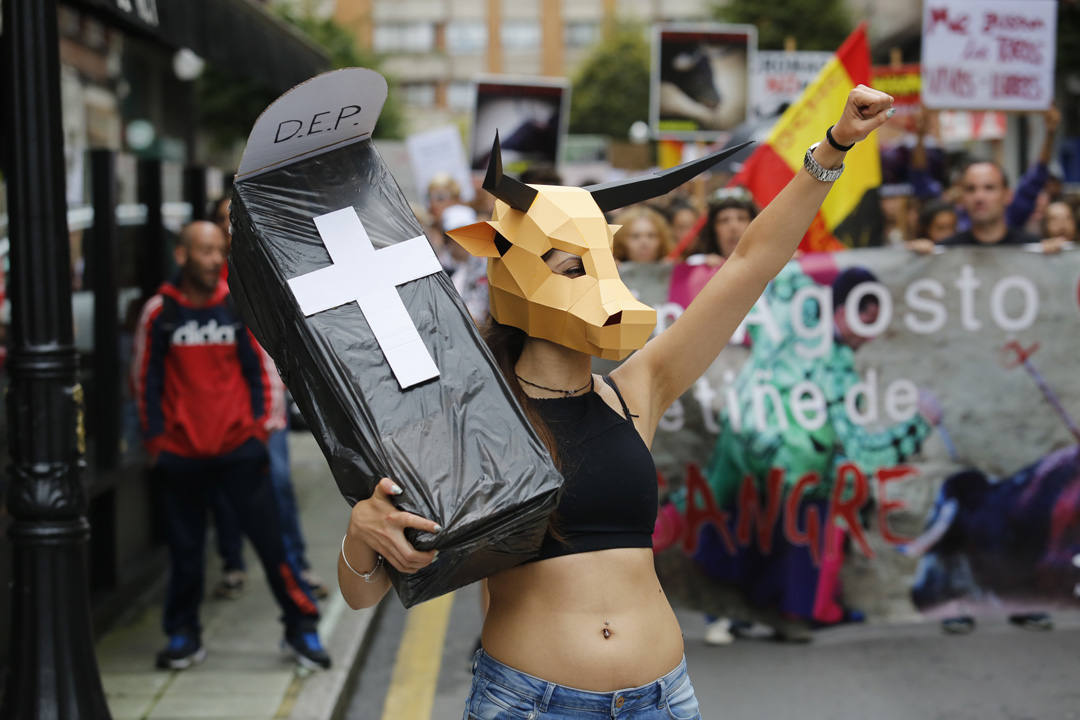 Las calles de la ciudad se llenaron de pancartas para protestar por los festejos taurinos que consideran una «tortura a los animales»