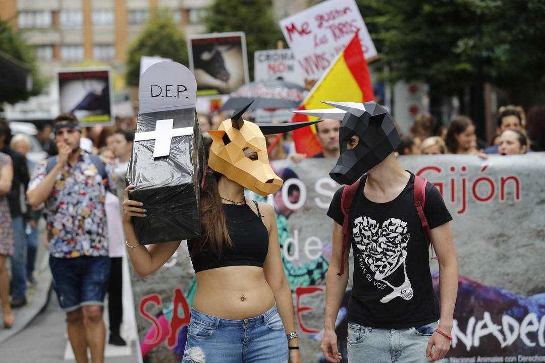 Las calles de la ciudad se llenaron de pancartas para protestar por los festejos taurinos que consideran una «tortura a los animales»