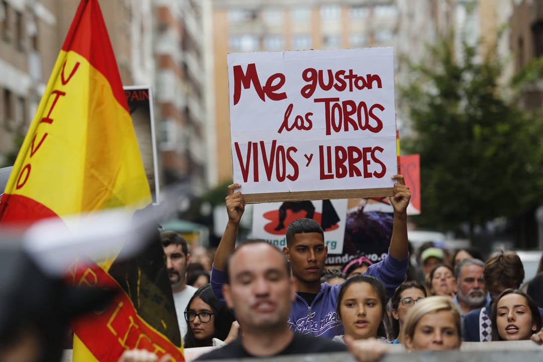 Las calles de la ciudad se llenaron de pancartas para protestar por los festejos taurinos que consideran una «tortura a los animales»