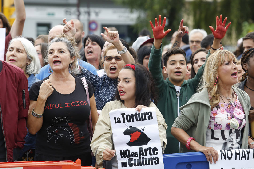 Las calles de la ciudad se llenaron de pancartas para protestar por los festejos taurinos que consideran una «tortura a los animales»