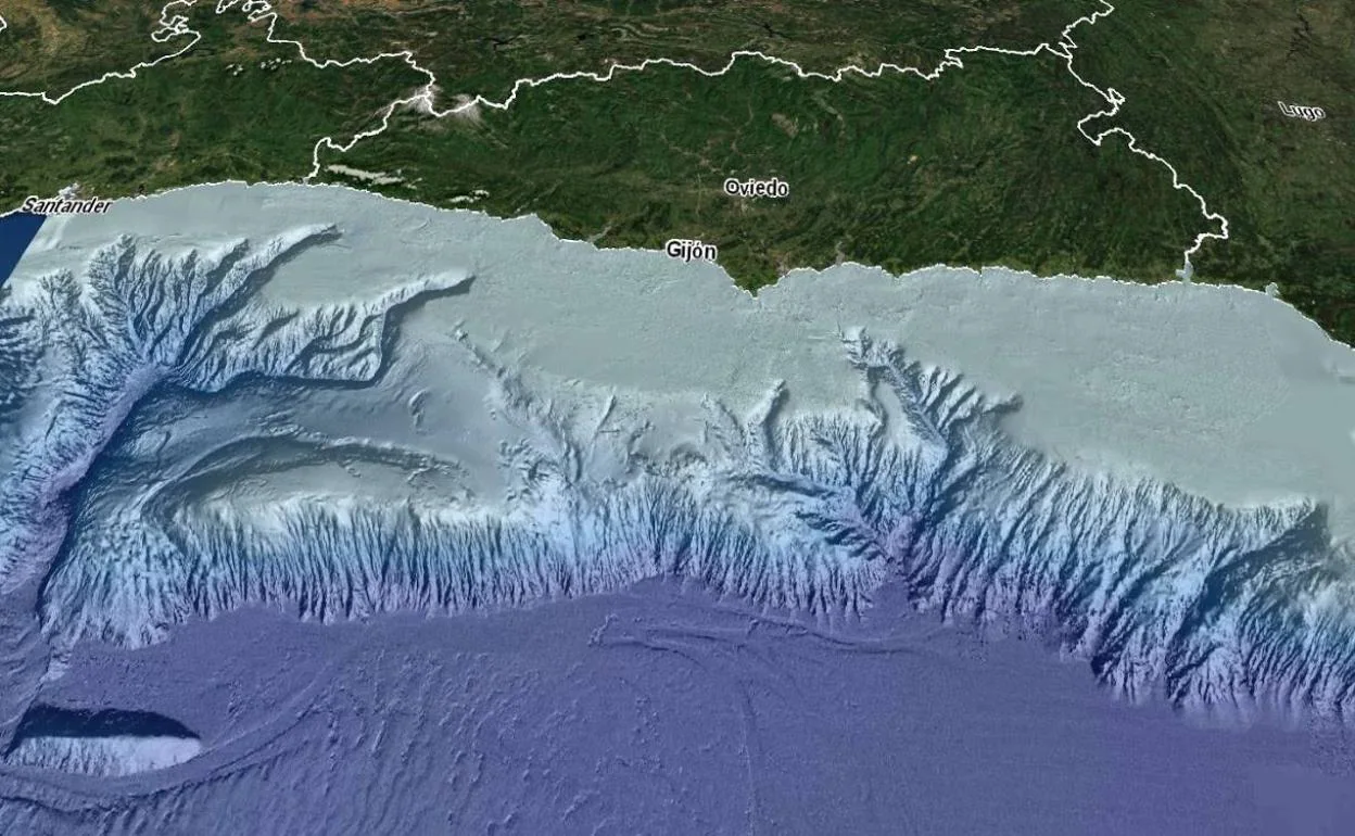 Mapa topobatrimétrico del fondo marino de la costa asturiana con sus montañas y cañones desembocando en la llanura abisal a cerca de 5.000 metros de profundidad. 