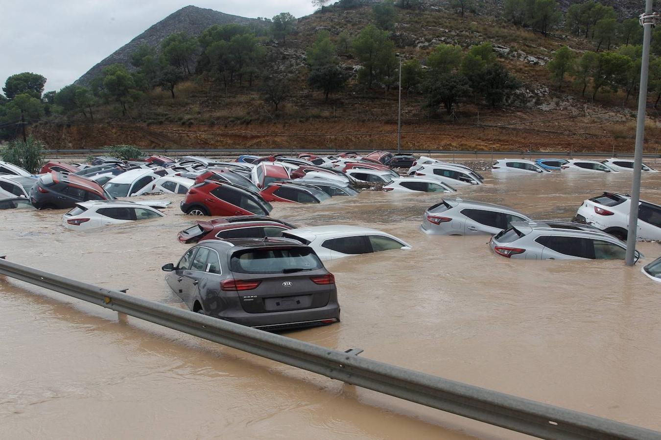 Decenas de coches sin matricular, a la espera de ser vendidos, flotan en unas instalaciones de Orihuela (Alicante).
