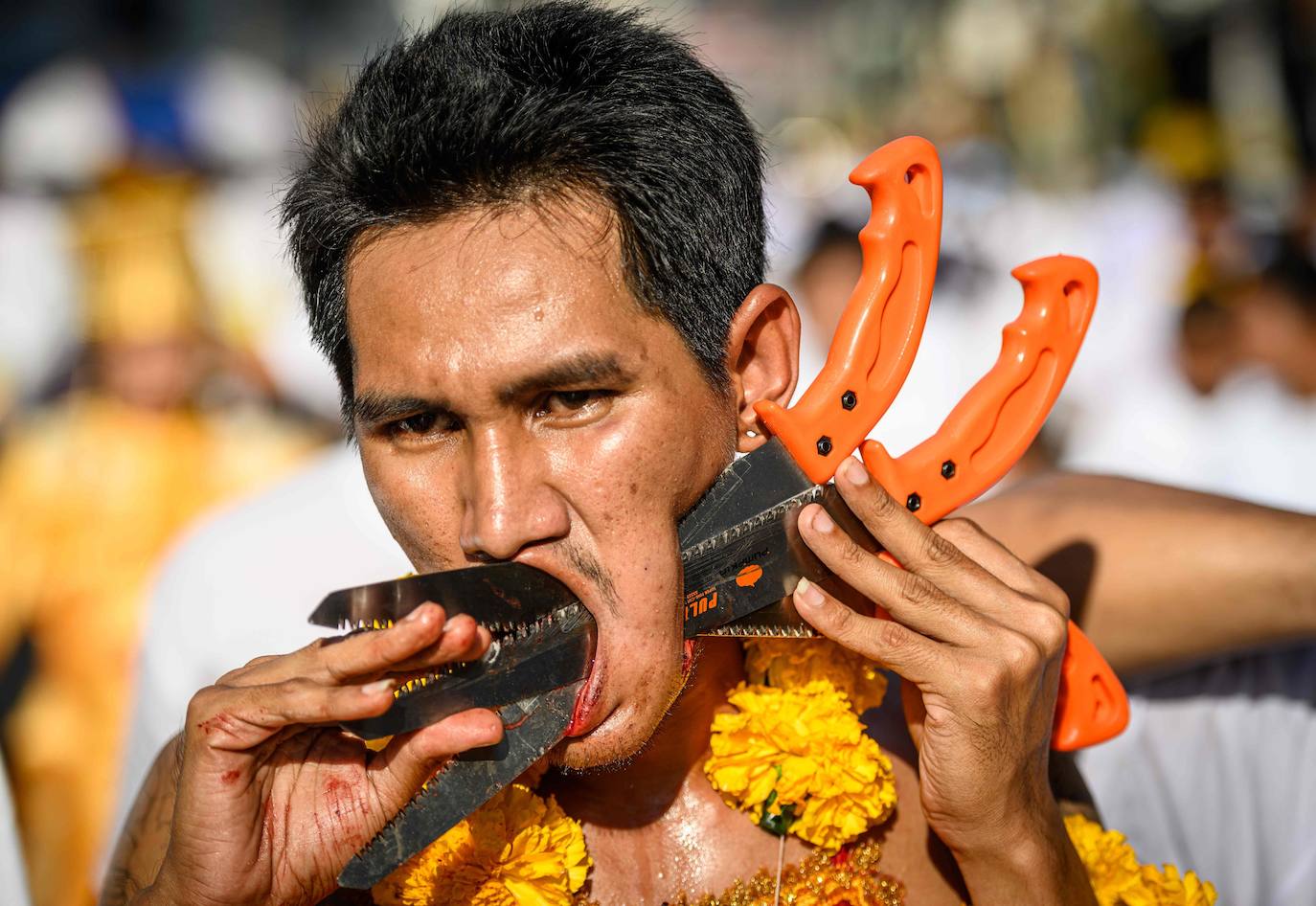 El festival comienza la primera noche del noveno mes lunar y dura nueve días. Los devotos religiosos se cortan con espadas, perforando sus mejillas con objetos afilados y cometiendo otros actos dolorosos para purificarse, asumiendo los pecados de la comunidad. 