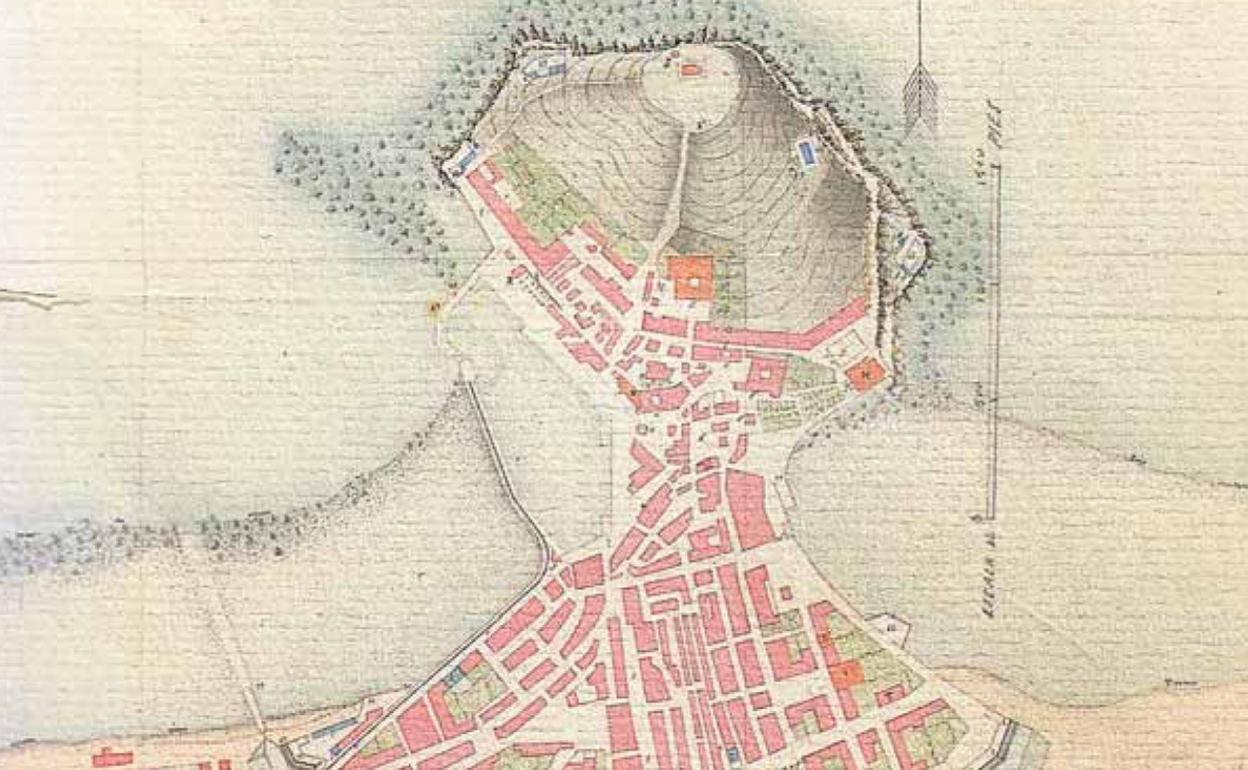 Plano de Gijón y sus inmediaciones de 1856 con la inacabada muralla.