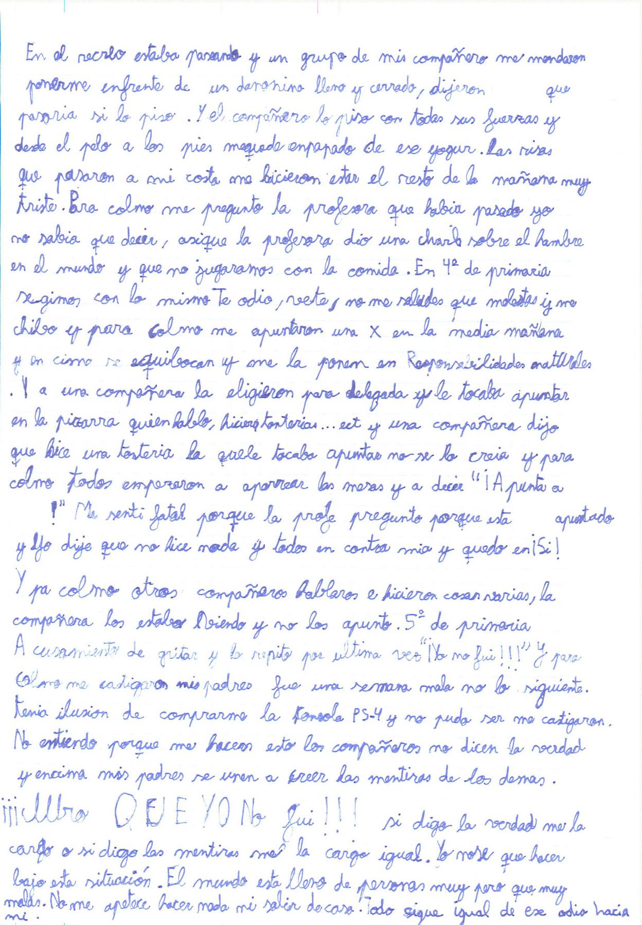 Carta manuscrita donde el niño detallaba sus sufrimientos. 
