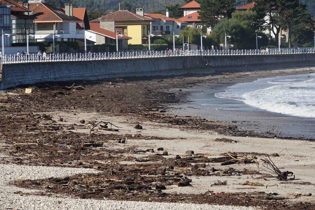 La riosellana playa de Santa Marina, cubierta por troncos, ramas y desperdicios arrastrados por el río Sella durante el temporal. 