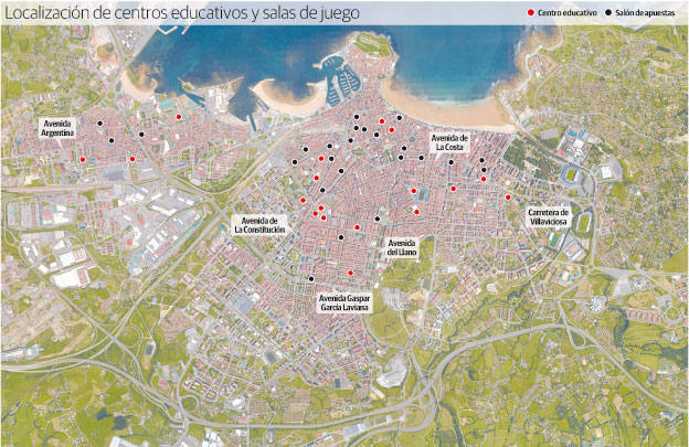 Localización de centros educativos y salas de juego en Gijón.