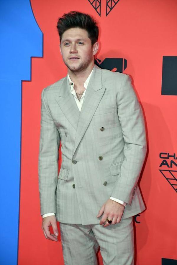 El cantante Niall Horan acertó con un look sencillo de traje gris y americana a juego con doble botonadura.