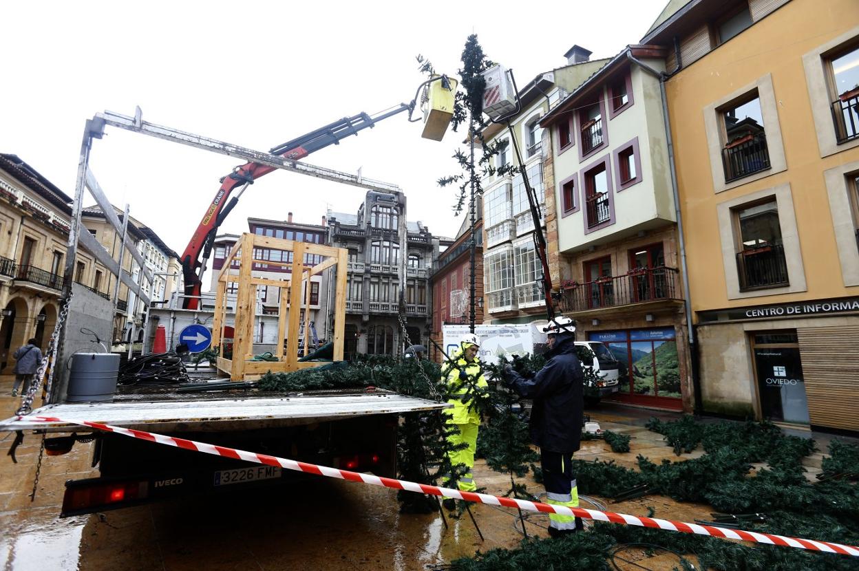 Los operarios instalaron ayer en árbol de Navidad en la plaza del Ayuntamiento. 
