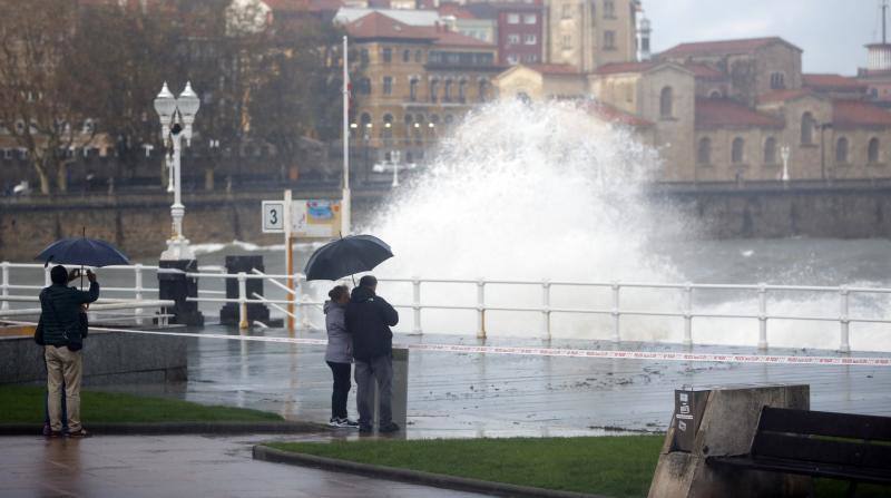 La boya del puerto de Gijón ha registrado este jueves olas de más de ocho metros de altura, coincidiendo con un episodio de alerta naranja por viento y oleaje en toda la costa asturiana. Muchos no han dudado en acercarse al Muro en la pleamar de la tarde para inmortalizar el espectacular oleaje.