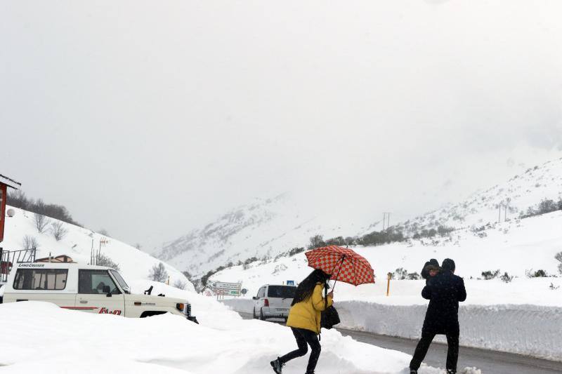 El entorno de la estación de esquí de San Isidro luce una espesa capa blanca tras las intensas nevadas originadas por el temporal. 