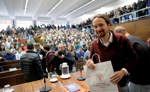 Pablo Iglesias, este jueves en una charla en la Universidad Complutense. 