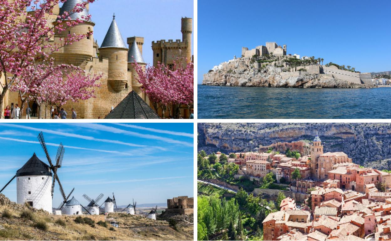 Arriba. Olite y Peñíscola. Abajo. Consuegra y Albarracín.