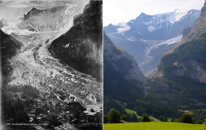 Glaciar Lower Grindelwald visto en Grindelwald (Suiza) en 1865 y el 26 de agosto de 2019 (R).