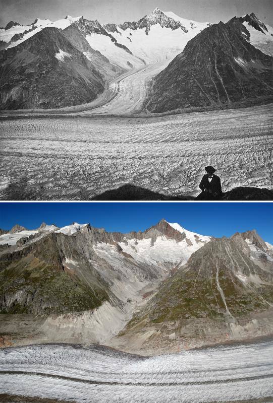 Otra imagen del glaciar Aletsch fotografiado entre 1860 y 1877 (arriba) en Fieschertal, Suiza y el 4 de septiembre de 2019 (abajo).