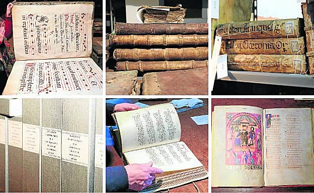 De izquierda a derecha y de arriba a abajo: Uno de los cantorales del Valdediós en los que la humedad ha hecho estragos. Un volumen de 'Las Siete Partidas' irrecuperable y sobre el que «no merece la pena actuar». La bibliotecaria ha comenzado a colocar hilos de algodón y papel libre de ácido en algunos ejemplares. La actas capitulares recogen todas las reuniones del Cabildo desde 1436. Falta la correspondiente a un año. El archivo apenas ha comenzado la digitalización de sus códices gracias a investigadores voluntarios. Edición facsímil del 'Libro de los Testamentos'. El original se custodia en un lugar secreto.