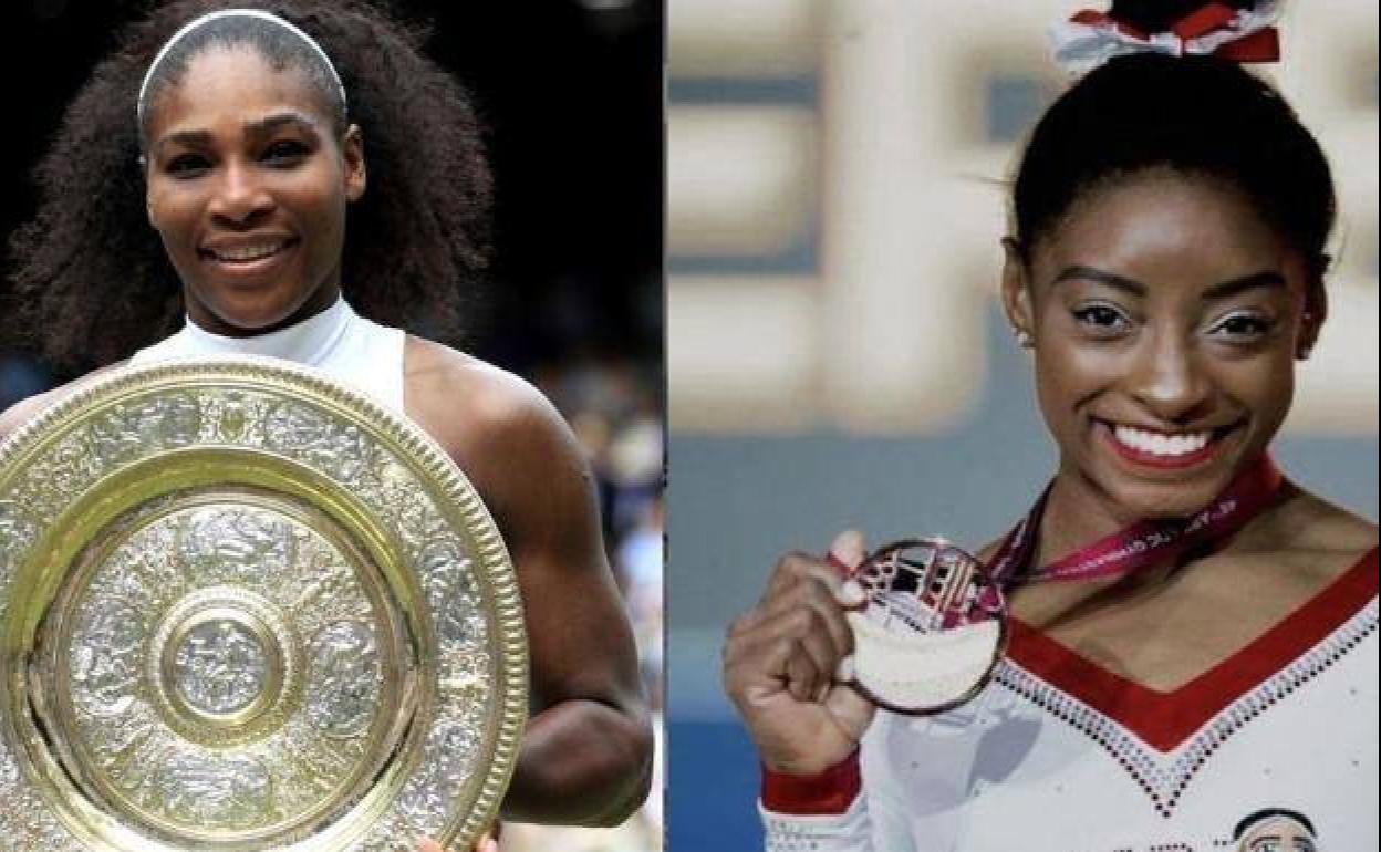 Serena Williams (izq) y Simone Biles, festejando uno de sus números títulos. 