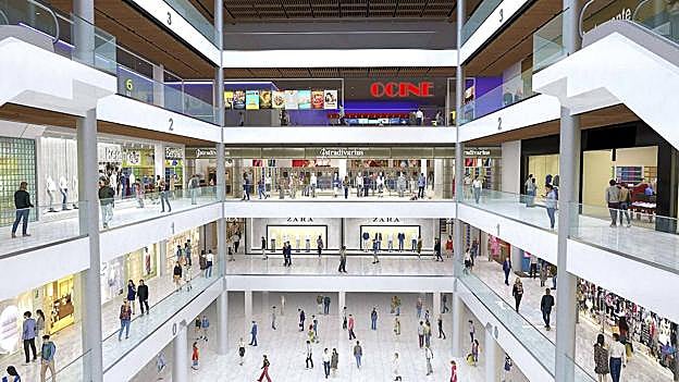 Recreación del proyecto con la renovada zona de moda y los nuevos cines en la segunda planta. 