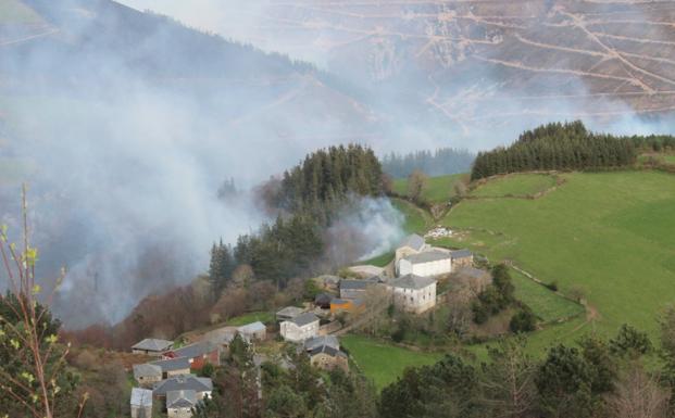 Imagen. El humo del foco activo en Burgazal, en Tineo.